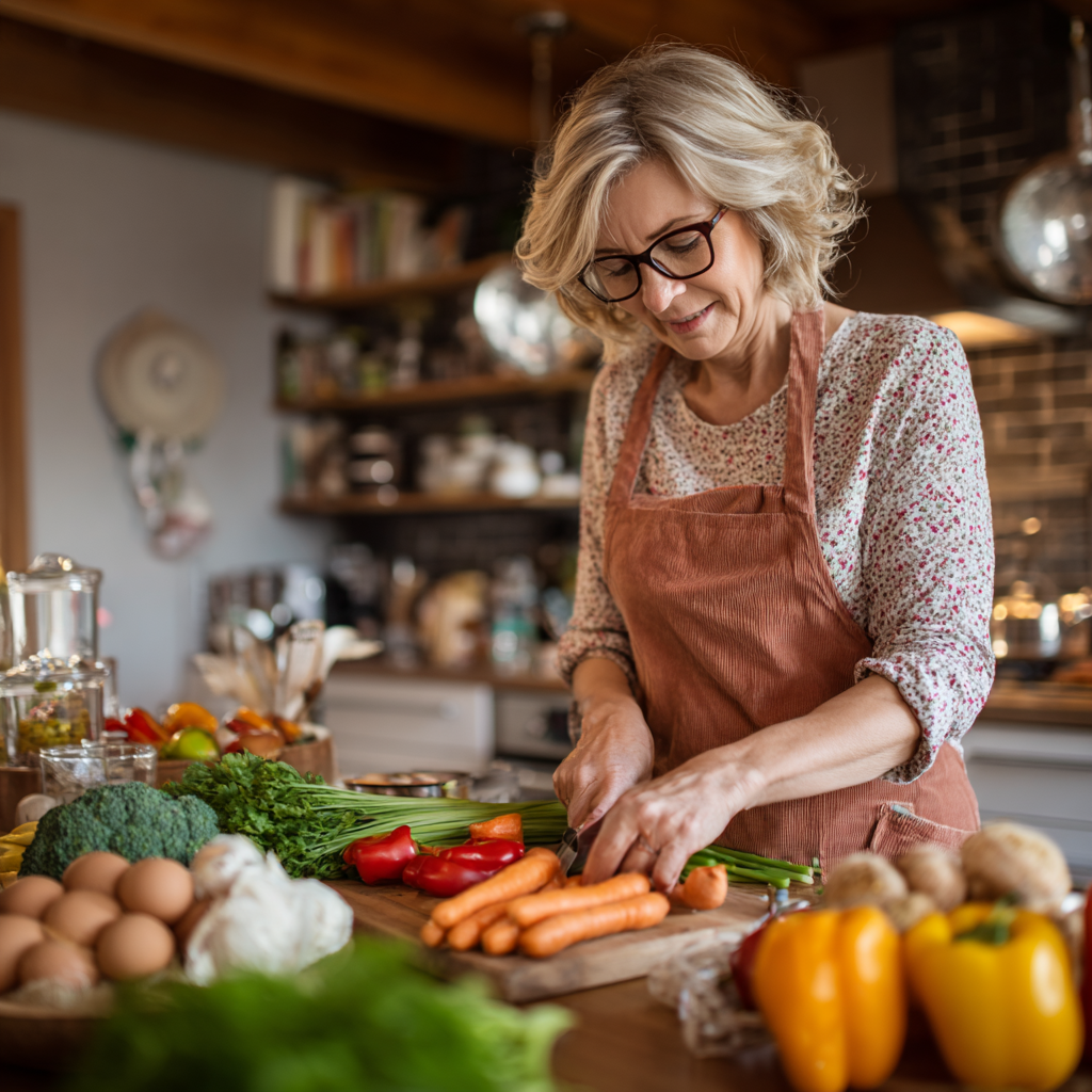 mature woman preparing healthy meal with fresh vegetables and whole grains