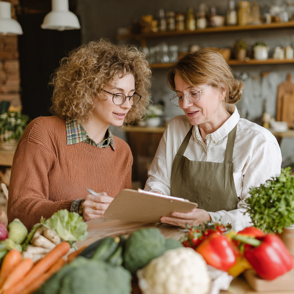 middle-aged nutritionist consulting with adult client about healthy eating plan